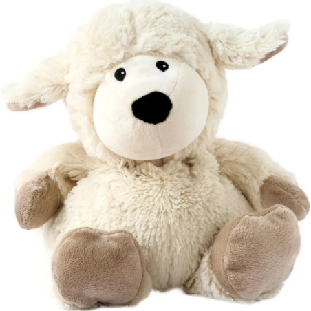 Ein Plüschtier-Schaf mit rundem Körper, Schlappohren und beigen Füßen sitzt aufrecht vor weißem Hintergrund. Ein Plüschtier-Schaf mit rundem Körper, Schlappohren und beigen Füßen sitzt aufrecht vor weißem Hintergrund.