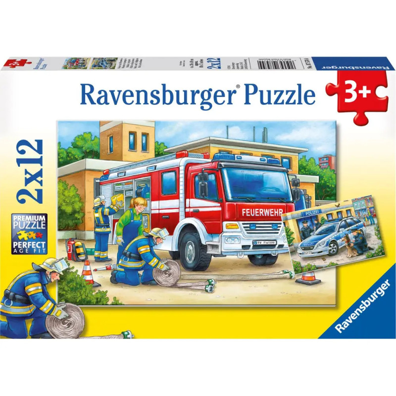 Ravensburger Puzzlebox ab 3 Jahren, zeigt Feuerwehrleute und ein Feuerwehrauto im Einsatz.