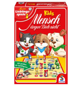 Bunte Mensch ärgere Dich nicht Kids-Box mit Cartoon-Tieren und Spielbrett auf dem Cover.