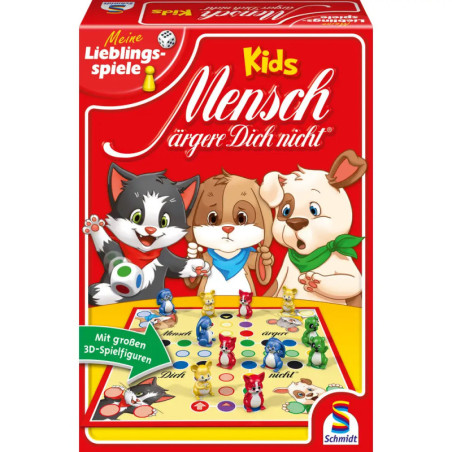 Bunte Mensch ärgere Dich nicht Kids-Box mit Cartoon-Tieren und Spielbrett auf dem Cover. Bunte Mensch ärgere Dich nicht Kids-Box mit Cartoon-Tieren und Spielbrett auf dem Cover.