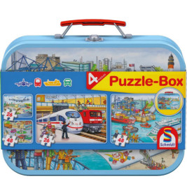 Schmidt Spiele Puzzle-Box Verkehrsmittel im Metallkoffer, 2x26 Teile, 2x48 Teile