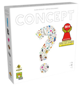 Box des Brettspiels Concept mit großem Fragezeichen aus kleinen Icons und rotem Auszeichnungsabzeichen.