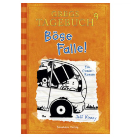 Orangen Cover von Gregs Tagebuch 9: Böse Falle! zeigt einen gezeichneten Jungen in einem beschädigten Van.