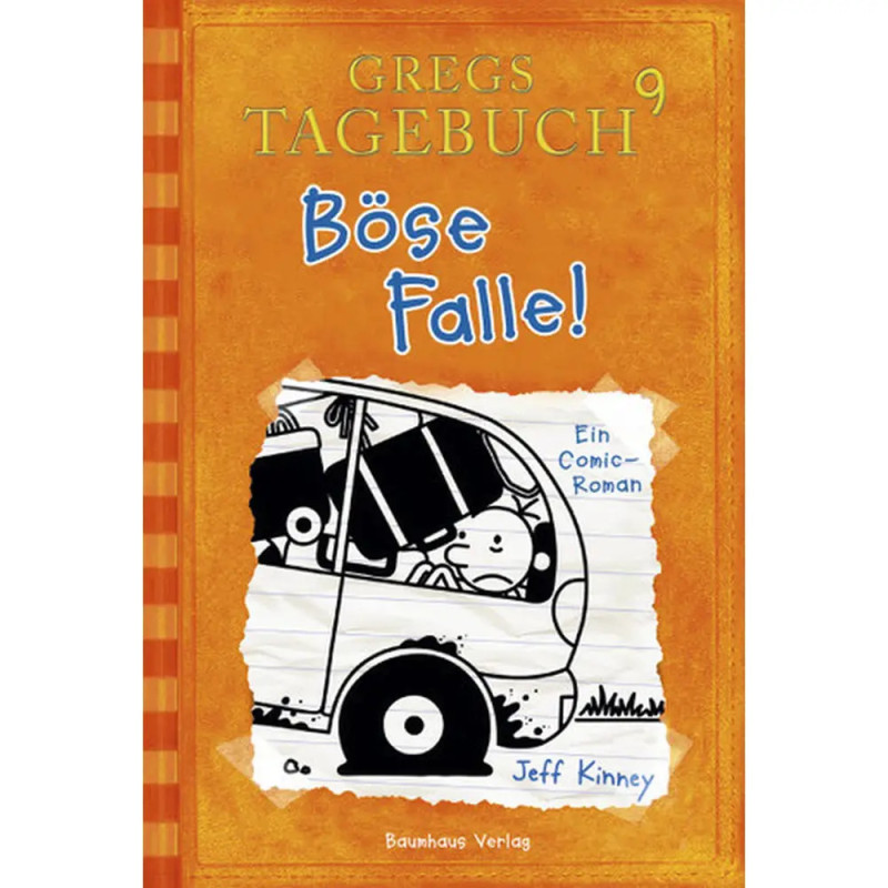 Orangen Cover von Gregs Tagebuch 9: Böse Falle! zeigt einen gezeichneten Jungen in einem beschädigten Van. Orangen Cover von Gregs Tagebuch 9: Böse Falle! zeigt einen gezeichneten Jungen in einem beschädigten Van.