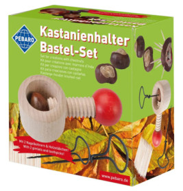 Kastanien-Bastelset: Box mit Werkzeugen, Kastanien und Beispielbasteleien auf der Vorderseite abgebildet.