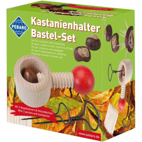 Kastanien-Bastelset: Box mit Werkzeugen, Kastanien und Beispielbasteleien auf der Vorderseite abgebildet. Kastanien-Bastelset: Box mit Werkzeugen, Kastanien und Beispielbasteleien auf der Vorderseite abgebildet.