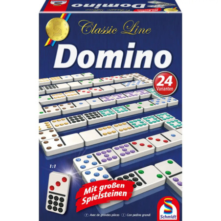 Dominospiel-Box mit bunten Steinen und deutscher Beschriftung auf blauem Hintergrund.