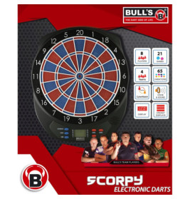 Scorpy-Dartboardverpackung mit roten, blauen und weißen Segmenten sowie Icons für die Spiel-Features.