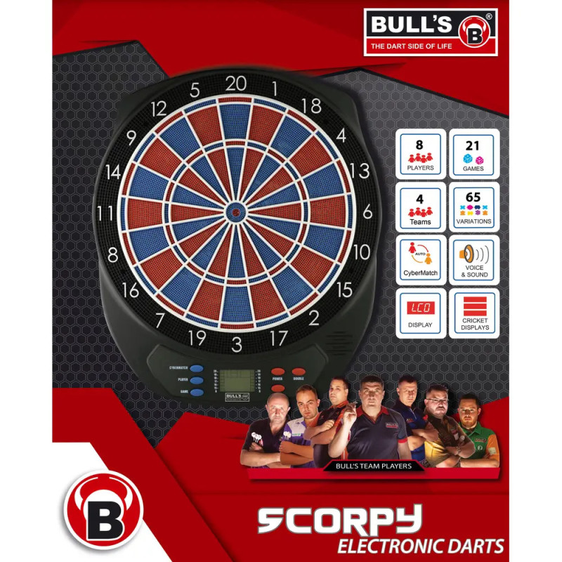 Scorpy-Dartboardverpackung mit roten, blauen und weißen Segmenten sowie Icons für die Spiel-Features.