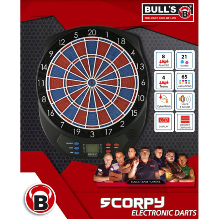 Scorpy-Dartboardverpackung mit roten, blauen und weißen Segmenten sowie Icons für die Spiel-Features.