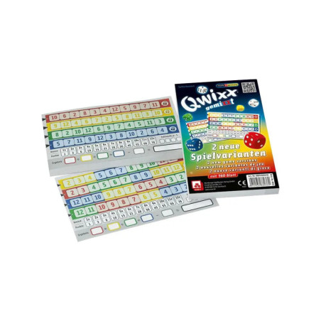 Qwixx-Spielblock und Box mit farbigen Zahlenreihen und Würfeln auf der Verpackung.