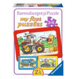 Ravensburger meine ersten Puzzles 3x6 ab 2½ Jahren, Schachtel mit Traktor und Baufahrzeugen abgebildet.