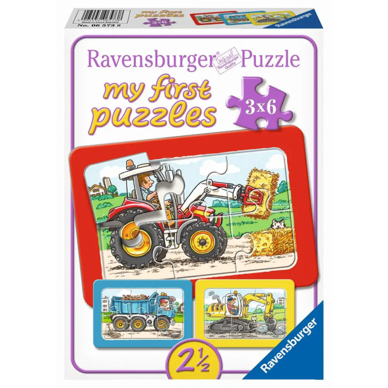 Ravensburger meine ersten Puzzles 3x6 ab 2½ Jahren, Schachtel mit Traktor und Baufahrzeugen abgebildet.