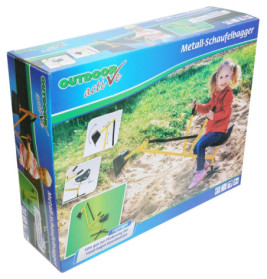 Box mit Foto eines Mädchens am gelben Spielzeugbagger im Sand, beschriftet mit Outdoor active Metall-Schaufelbagger.