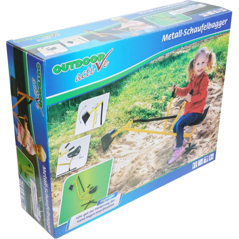 Box mit Foto eines Mädchens am gelben Spielzeugbagger im Sand, beschriftet mit Outdoor active Metall-Schaufelbagger.