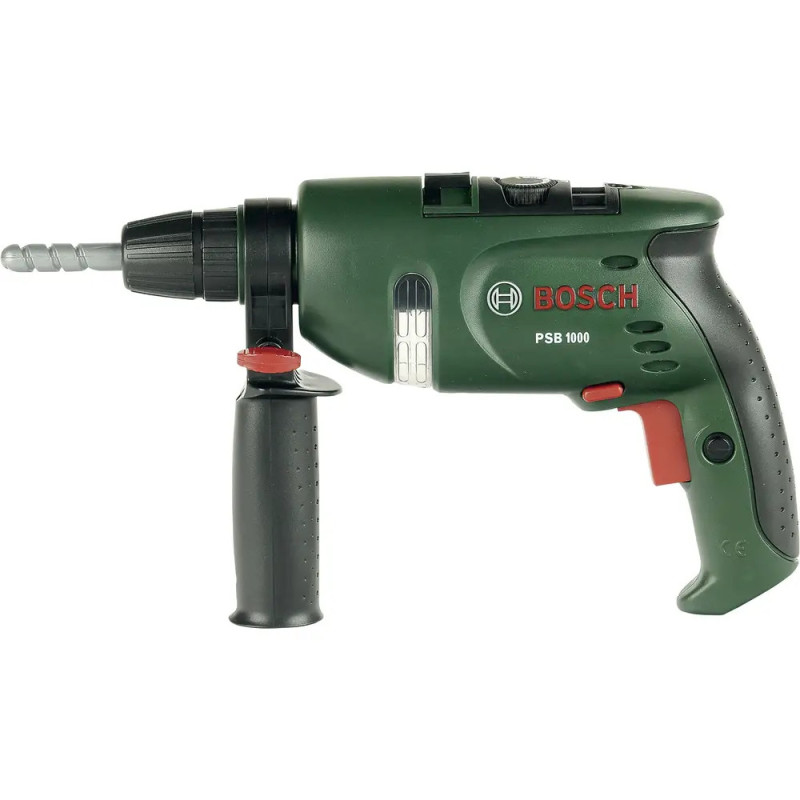 Grüne Bosch-Bohrmaschine mit Seitenhandgriff und eingesetztem Bohrer auf weißem Hintergrund. Grüne Bosch-Bohrmaschine mit Seitenhandgriff und eingesetztem Bohrer auf weißem Hintergrund.