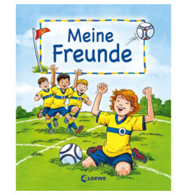 Vier Kinder in gelben Trikots spielen fröhlich auf Rasen unter dem Titel Meine Freunde.