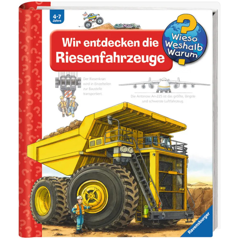 Kinderbuchcover mit großem gelben Muldenkipper und Bauarbeiter, Titel Wir entdecken die Riesenfahrzeuge. Kinderbuchcover mit großem gelben Muldenkipper und Bauarbeiter, Titel Wir entdecken die Riesenfahrzeuge.