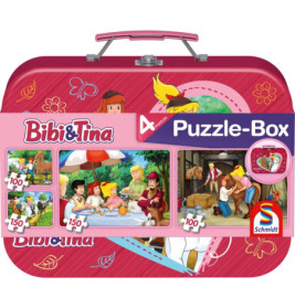 Rosa Bibi & Tina Puzzlebox mit Griff und vier Motiven, darauf Cartoonfiguren und Pferde abgebildet.