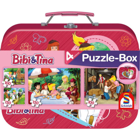 Rosa Bibi & Tina Puzzlebox mit Griff und vier Motiven, darauf Cartoonfiguren und Pferde abgebildet.
