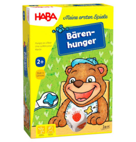 Box von HABA-Spiel Bärenhunger mit lächelndem Cartoon-Bären, Erdbeere und Löffel, geeignet ab 2 Jahren.
