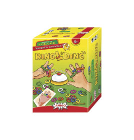 Gelbe Ringlding-Spielschachtel mit Händen, Ringen und Klingel geeignet für Kinder ab 4 Jahren.