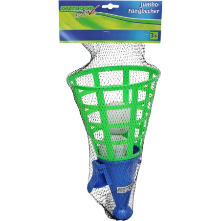 Grünes und blaues Fangballspiel aus Kunststoff im Netz, geeignet für Kinder ab 3 Jahren.