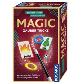 Magic Zauber-Tricks-Set mit Karten, Ringen, Würfeln und Zauberstab vor rotem Hintergrund.