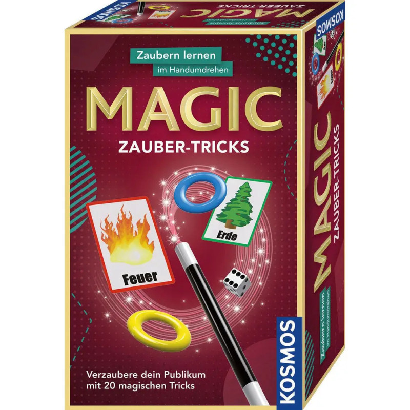 Magic Zauber-Tricks-Set mit Karten, Ringen, Würfeln und Zauberstab vor rotem Hintergrund. Magic Zauber-Tricks-Set mit Karten, Ringen, Würfeln und Zauberstab vor rotem Hintergrund.