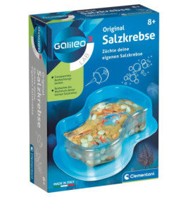 Galileo LAB Kitbox zum Züchten von Salinenkrebsen, zeigt Set und Behälter mit gezeichneten Krebsen auf dem Deckel.
