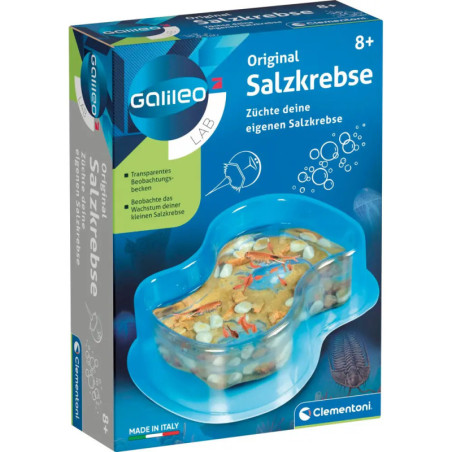 Galileo LAB Kitbox zum Züchten von Salinenkrebsen, zeigt Set und Behälter mit gezeichneten Krebsen auf dem Deckel.