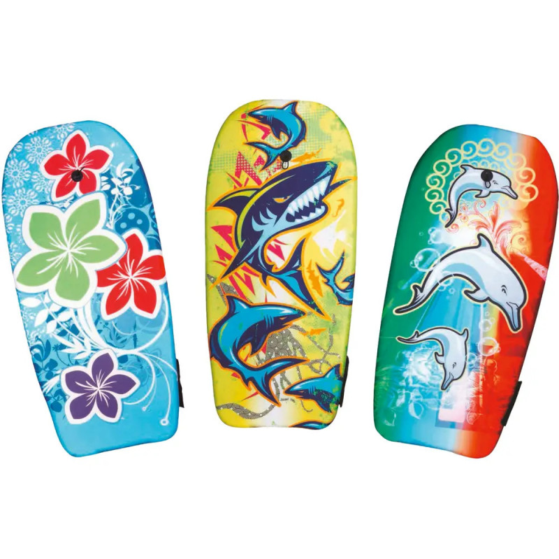Drei bunte Boogieboards mit Blumen-, Haifisch- und Delfinmotiven. Drei bunte Boogieboards mit Blumen-, Haifisch- und Delfinmotiven.