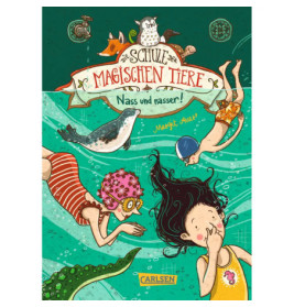 Drei Kinder schwimmen mit Tieren und Blasen unter Wasser ein Banner zeigt: Die Schule der magischen Tiere.