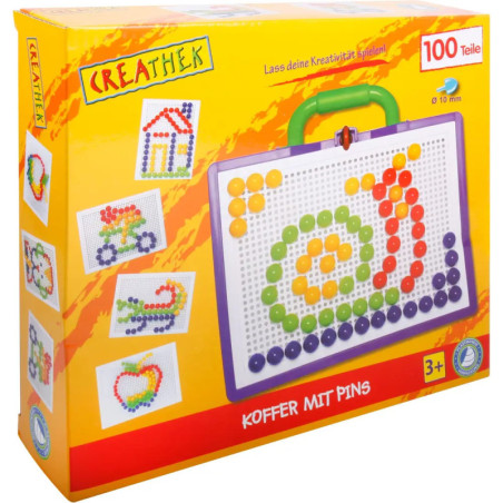 Gelbe KREATHEK-Steckkunst-Box mit bunten Steckenmotiven, geeignet für Kinder ab 3 Jahren.