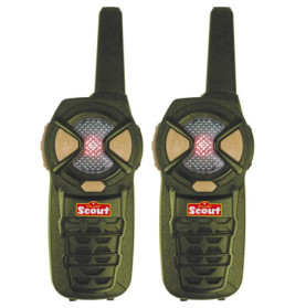 Zwei grün-schwarze Spielzeug-Walkie-Talkies mit Scout-Logo und roten Lichtern auf der Vorderseite.