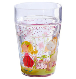 Klarer Becher mit pinkem Glitzer, Comic-Prinzessin und Pferd mit geblümter Leine.