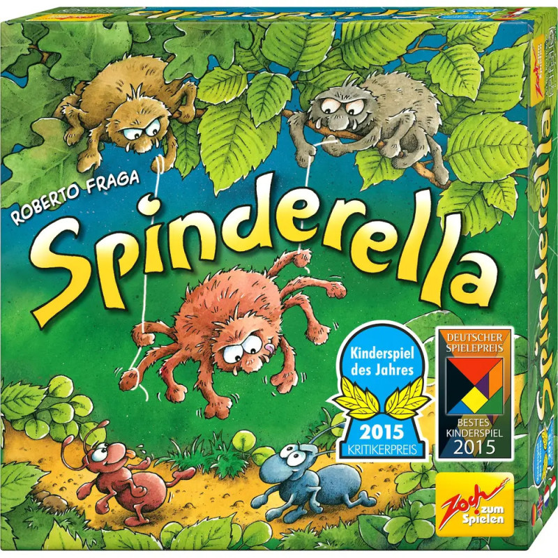 Box des Brettspiels Spinderella mit gezeichneten Spinnen und Ameisen in einer Waldlandschaft.