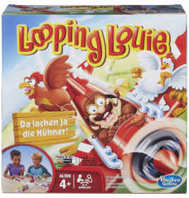 Bunte Looping Louie-Spielschachtel mit Comic-Hühnern und spielenden Kindern.