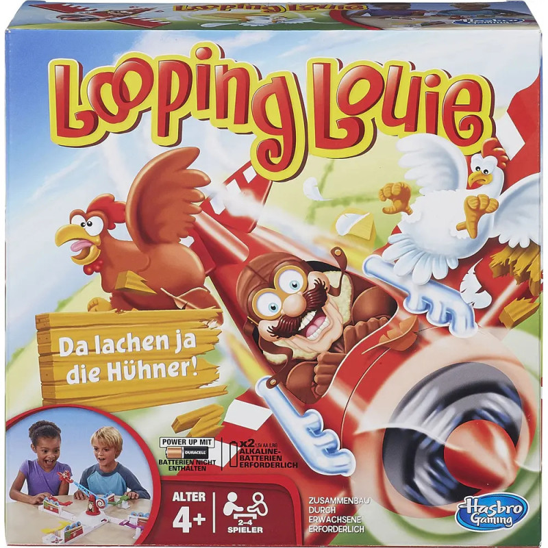 Bunte Looping Louie-Spielschachtel mit Comic-Hühnern und spielenden Kindern. Bunte Looping Louie-Spielschachtel mit Comic-Hühnern und spielenden Kindern.