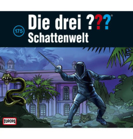 Ein maskierter Fechter steht nachts in einem tropischen Garten einer Schlange gegenüber, im Hintergrund ein großes Gebäude.