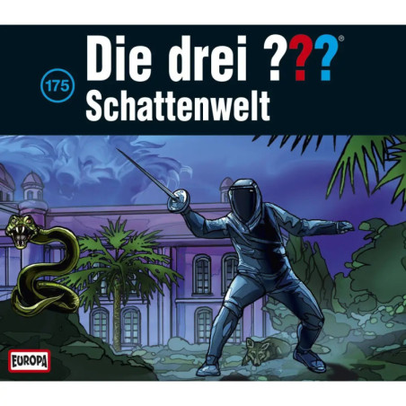 Ein maskierter Fechter steht nachts in einem tropischen Garten einer Schlange gegenüber, im Hintergrund ein großes Gebäude. Ein maskierter Fechter steht nachts in einem tropischen Garten einer Schlange gegenüber, im Hintergrund ein großes Gebäude.