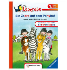Auf einem bunten Buchcover stehen vier Kinder und drei Tiere, darunter ein Zebra, auf einem Ponyhof.