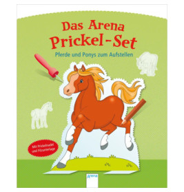 Cover eines deutschen Bastelsets mit Cartoon-Pferd, Pony-Umrissen und rotem Werkzeug auf Grün.