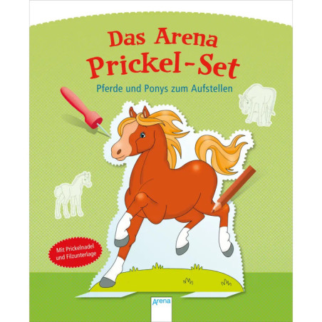 Cover eines deutschen Bastelsets mit Cartoon-Pferd, Pony-Umrissen und rotem Werkzeug auf Grün.