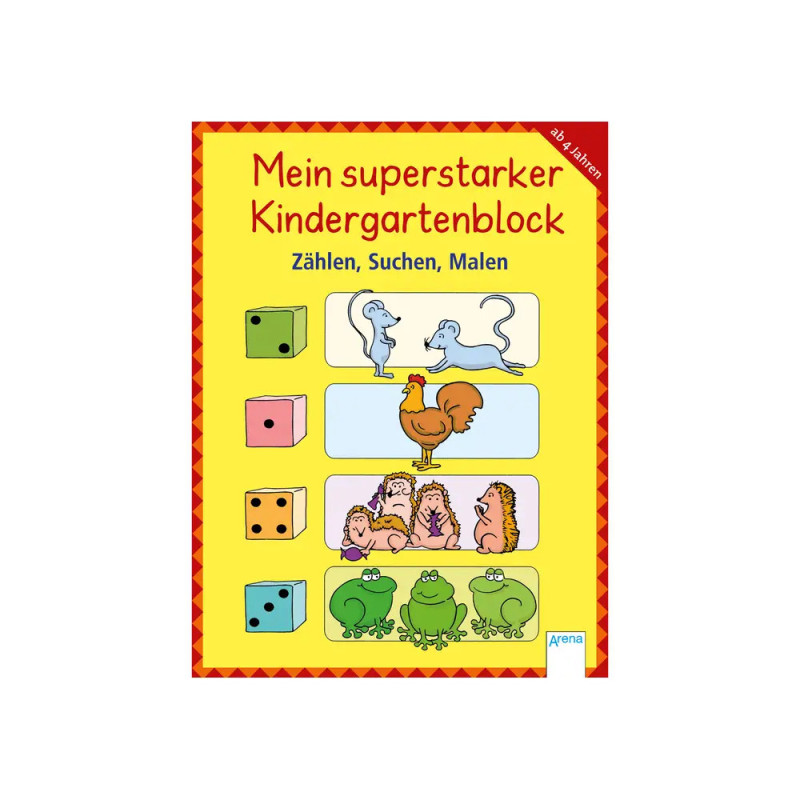Buntes deutsches Rätselbuch mit Tieren, Würfeln und dem Titel Mein superstarker Kindergartenblock.