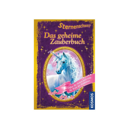Buchcover mit weißem Einhorn, lila Hintergrund und deutschem Titel Das geheime Zauberbuch von Kosmos.