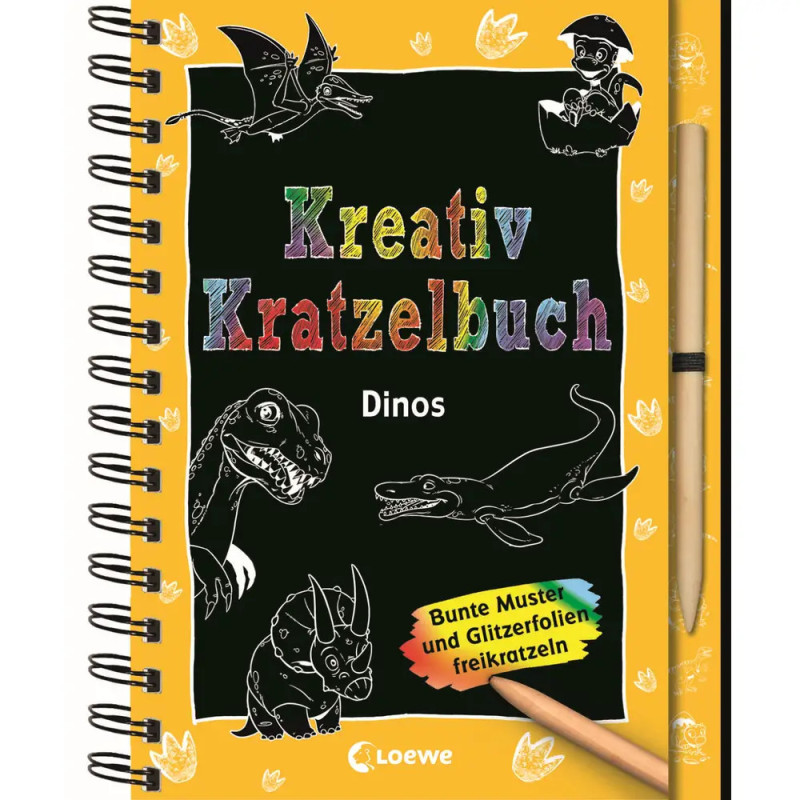 Spiralblock mit Kratzbildern, Dinosaurierzeichnungen, bunter Schrift und einem Holzstift auf dem Cover. Spiralblock mit Kratzbildern, Dinosaurierzeichnungen, bunter Schrift und einem Holzstift auf dem Cover.