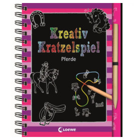Farbenfrohes Kreativ Kratzelspiel Pferde: Buch mit Pferdebildern und Holzstift für Kratzkunst-Aktivitäten.