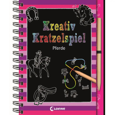 Farbenfrohes Kreativ Kratzelspiel Pferde: Buch mit Pferdebildern und Holzstift für Kratzkunst-Aktivitäten. Farbenfrohes Kreativ Kratzelspiel Pferde: Buch mit Pferdebildern und Holzstift für Kratzkunst-Aktivitäten.