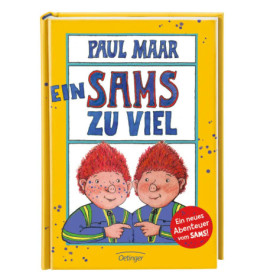 Buchcover von Ein Sams zu viel von Paul Maar mit zwei rothaarigen Cartoonfiguren in blauer Kleidung.